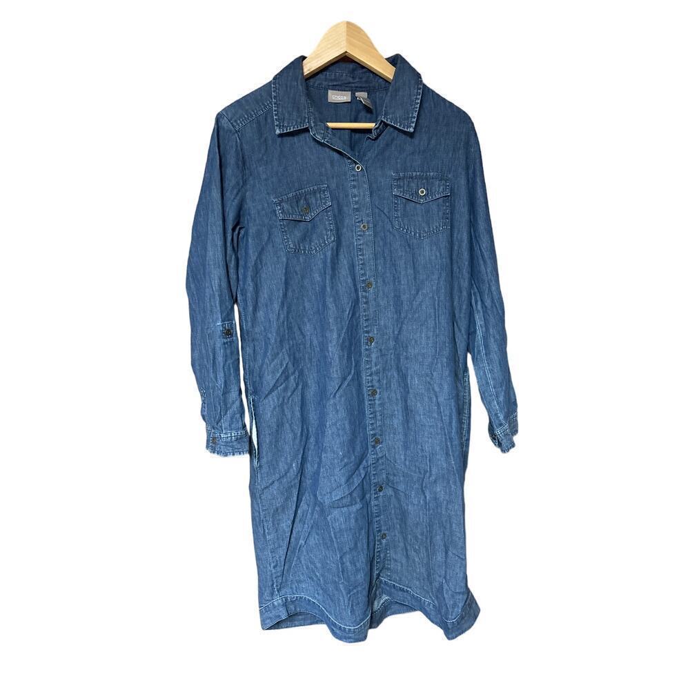 Chico’s Size 1 button front 2 Pocket Roll Sleeve Lagenlook Women’s Denim Dress